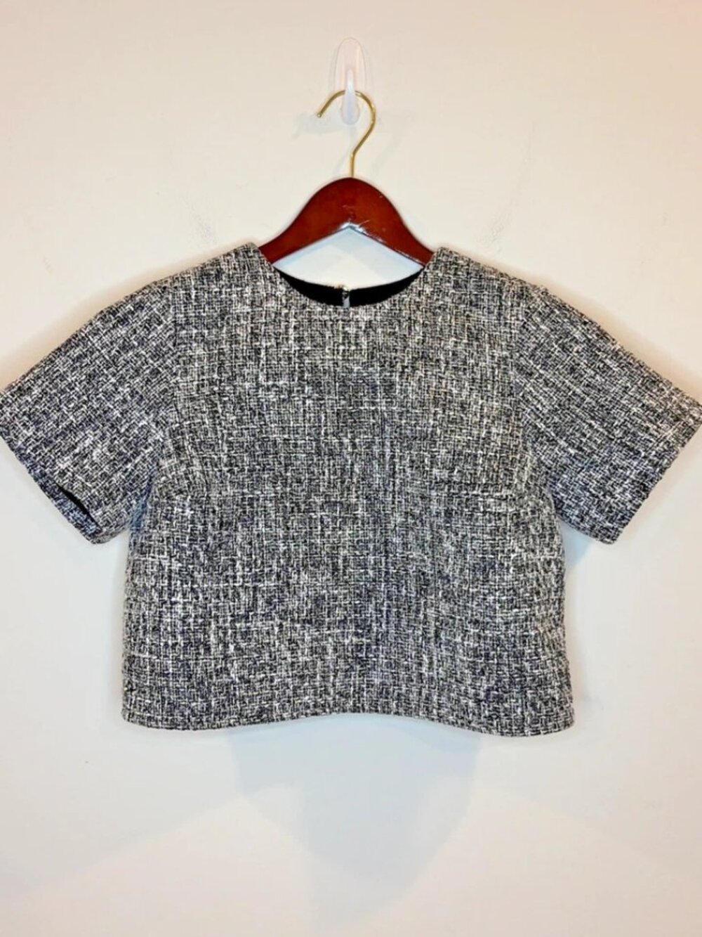 Abercrombie & Fitch Womens XS Tweed Woven Tee Top Black White Cropped Boxy Lined - Picture 5 of 14